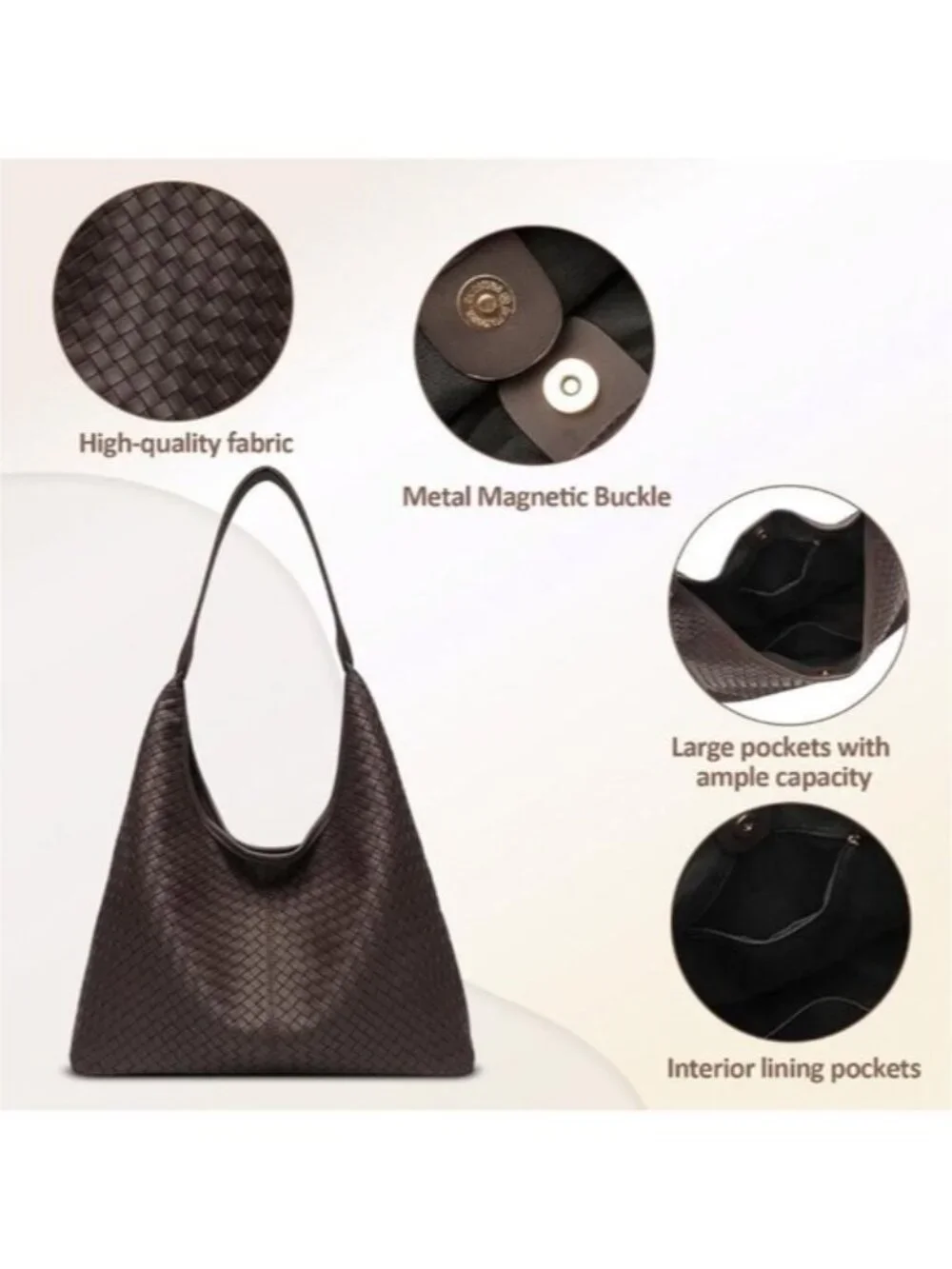 Women's Woven Vegan Leather Hobo Shoulder Bag Large Slouchy Work Tote Purse